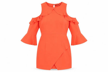 Boohoo Womens Orange Polyester A-Line Size 12 Round Neck Zip - Layered Ruffle Effect