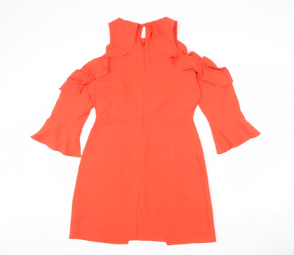 Boohoo Womens Orange Polyester A-Line Size 12 Round Neck Zip - Layered Ruffle Effect