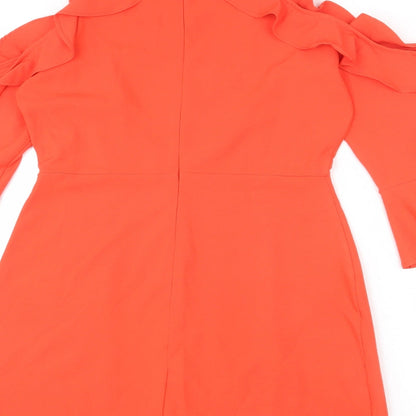 Boohoo Womens Orange Polyester A-Line Size 12 Round Neck Zip - Layered Ruffle Effect