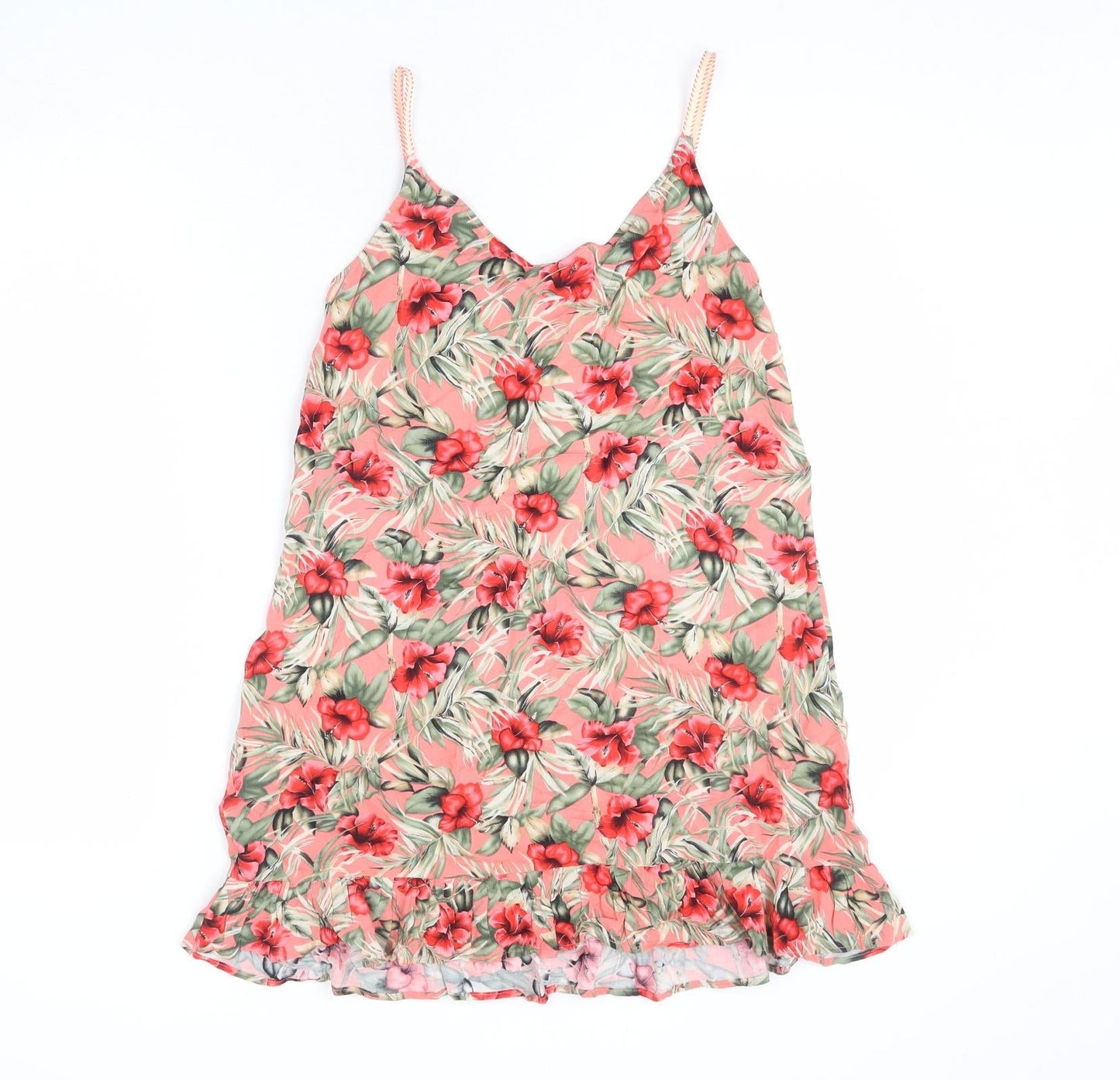 Oasis Womens Multicoloured Floral Viscose A-Line Size XS V-Neck Pullover - Hibiscus, Leaves, Flare Hem