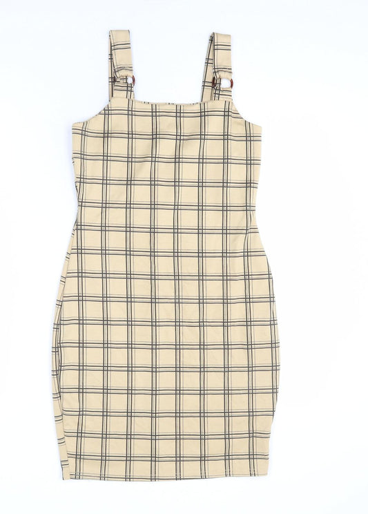 Select Womens Beige Plaid Polyester Bodycon Size 8 Square Neck Pullover