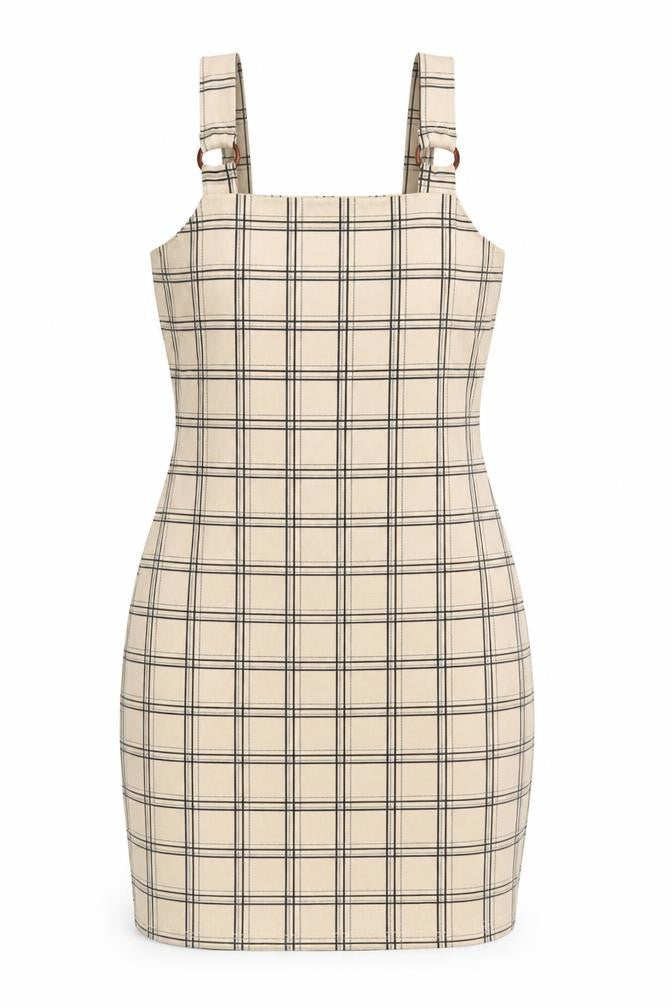 Select Womens Beige Plaid Polyester Bodycon Size 8 Square Neck Pullover