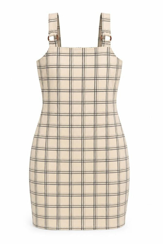 Select Womens Beige Plaid Polyester Bodycon Size 8 Square Neck Pullover