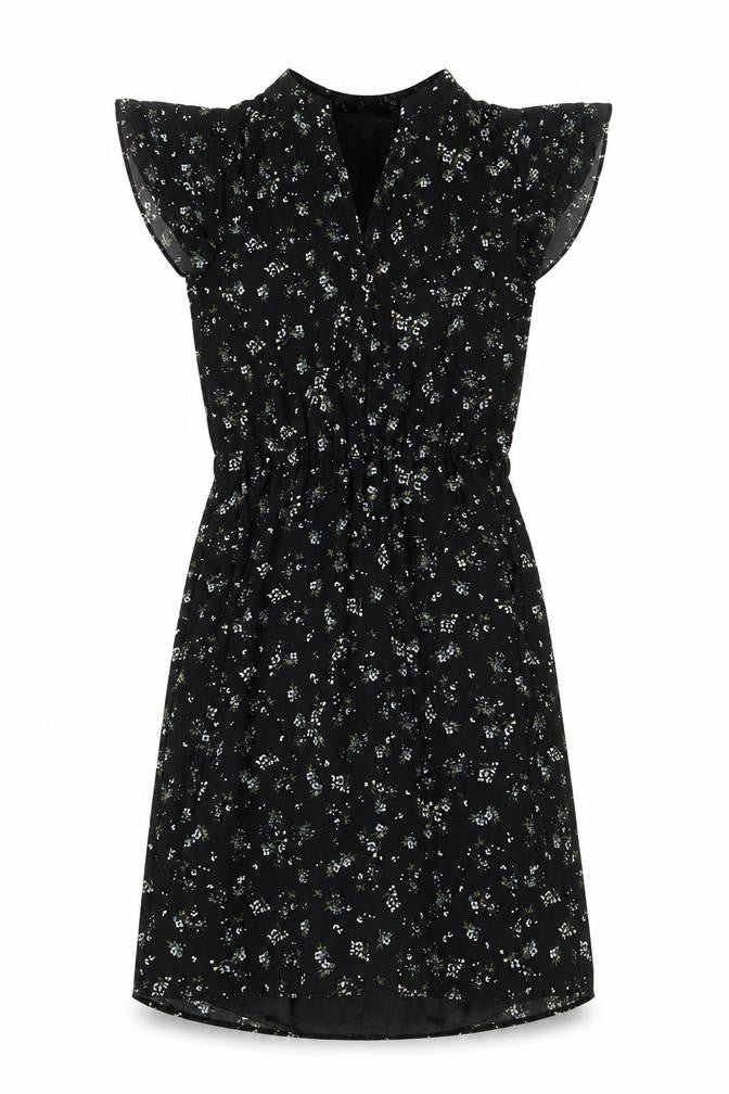 H&M Womens Black Floral Polyester A-Line Size 4 V-Neck Pullover - Tie Detail