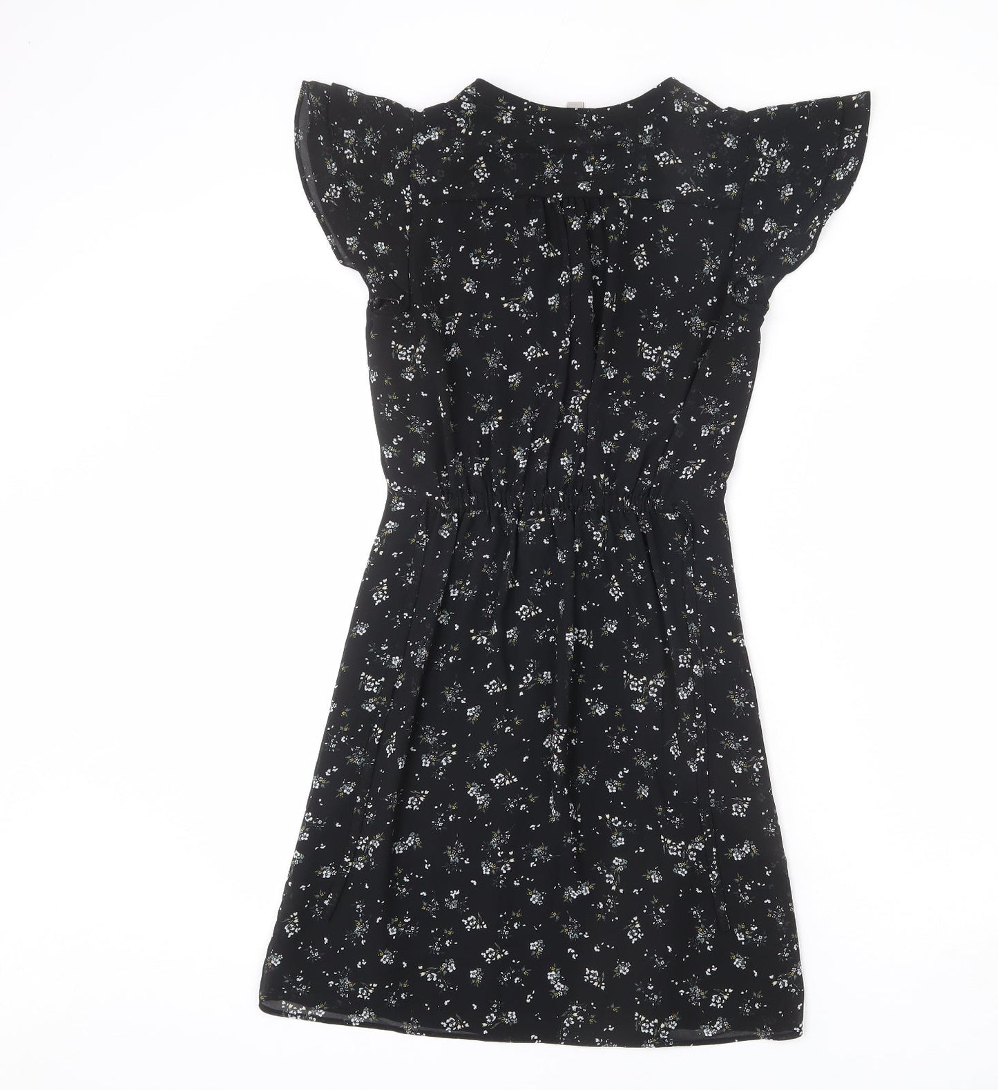 H&M Womens Black Floral Polyester A-Line Size 4 V-Neck Pullover - Tie Detail