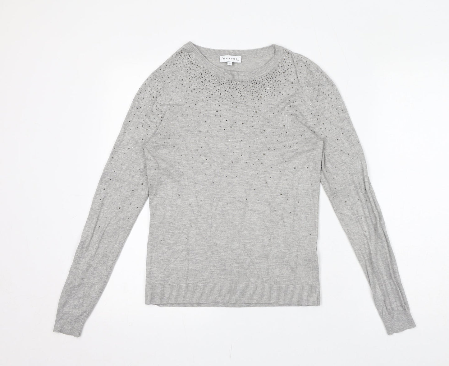 Warehouse Womens Grey Polyamide Jersey T-Shirt Size 10 Boat Neck - Gem Embellishments