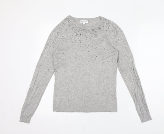 Warehouse Womens Grey Polyamide Jersey T-Shirt Size 10 Boat Neck - Gem Embellishments