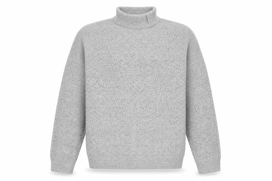 Front view of ASOS men’s grey roll neck acrylic jumper, size S, long sleeve