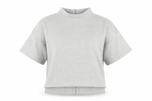 Front view of French Connection women’s grey mock neck acrylic full zip jumper, size XS