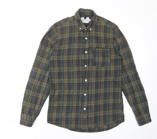 Topman Mens Green Plaid Cotton Button-Up Size S Collared Button - Pocket