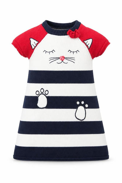 Bapster Girls Multicoloured Striped Cotton A-Line Size 3 Years Crew Neck Pullover - Cat, Embroided