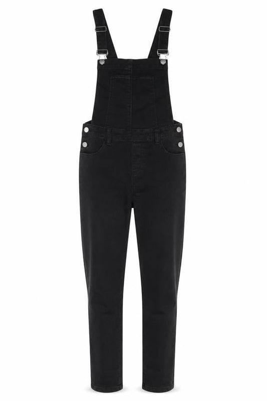 Front view of Denim & Co. women’s black cotton dungaree one-piece, size UK 6 button - pockets, belt loops, buckle