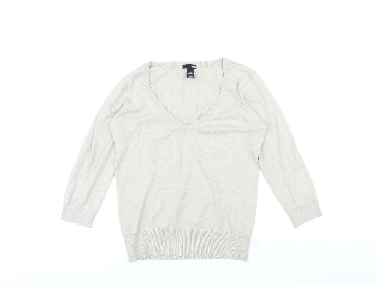 H&M Womens Grey V-Neck Cotton Pullover Jumper Size M