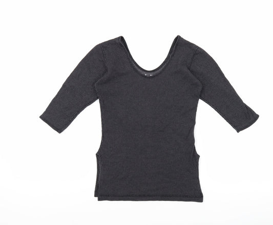 Macrowoman Womens Grey Striped Polyester Basic T-Shirt Size M Boat Neck - Thermal, Side Slit