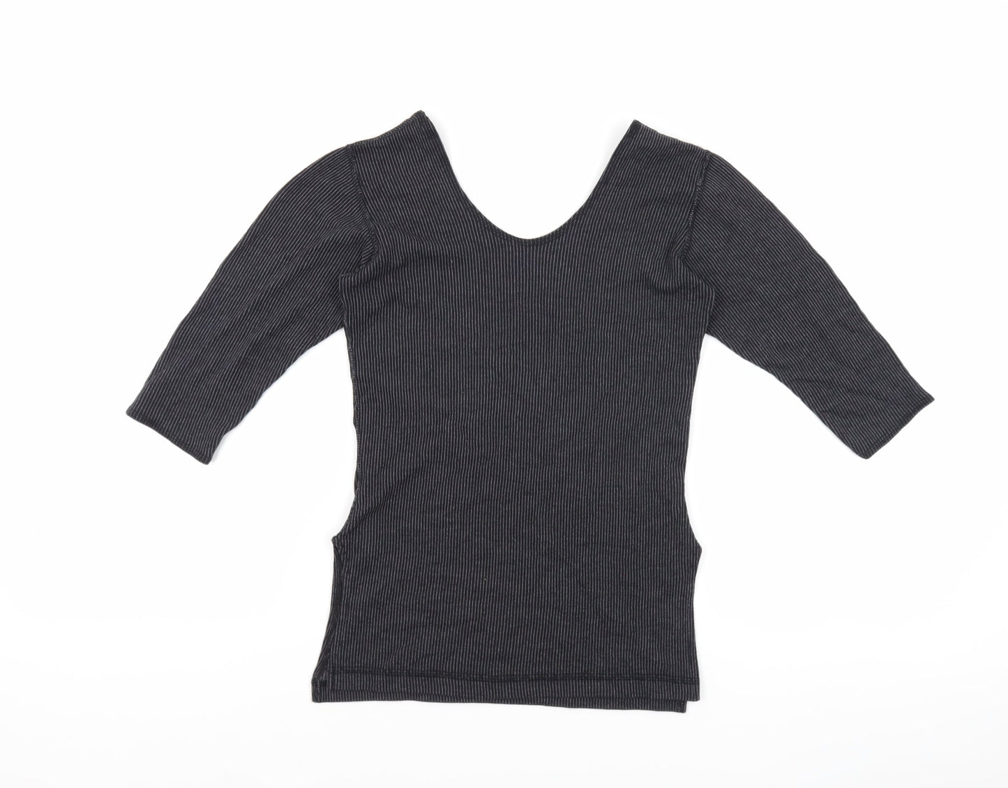 Macrowoman Womens Grey Striped Polyester Basic T-Shirt Size M Boat Neck - Thermal, Side Slit