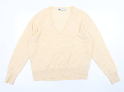 Zara Womens Orange V-Neck Wool Pullover Jumper Size M