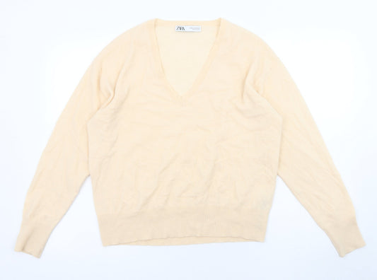 Zara Womens Orange V-Neck Wool Pullover Jumper Size M