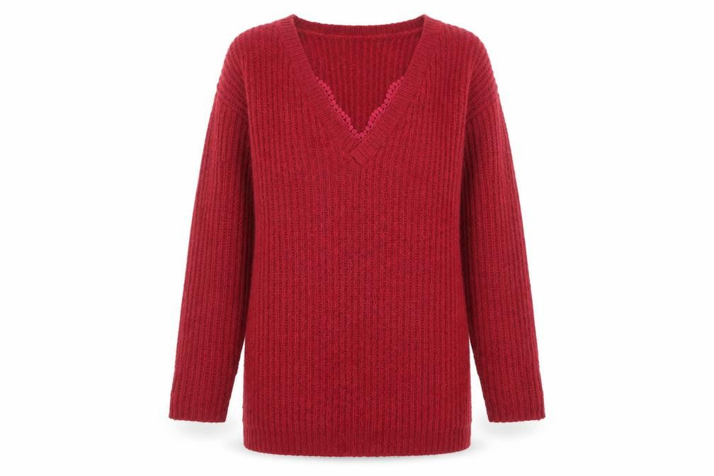 Marks & Spencer Womens Red V-Neck Acrylic Pullover Jumper Size 8