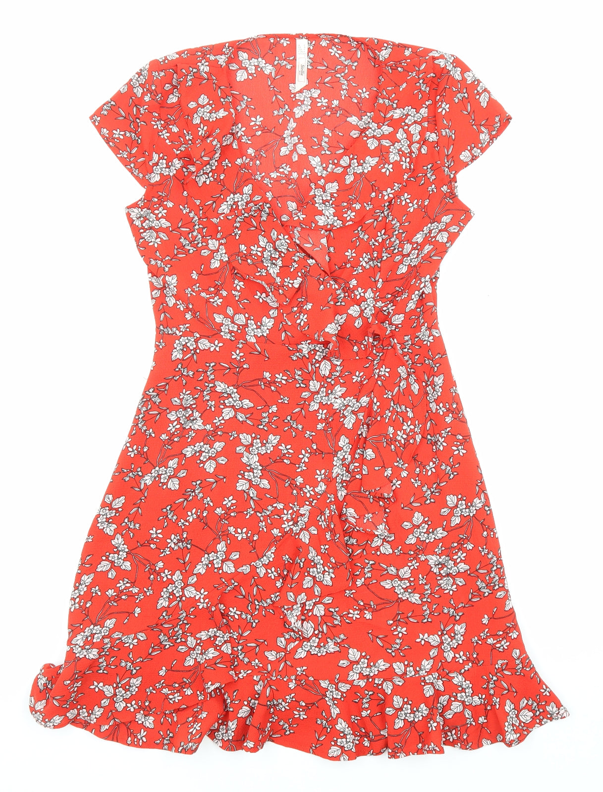 Stella Womens Red Floral Polyester Fit & Flare Size 8 V-Neck Pullover - Ruffle detail