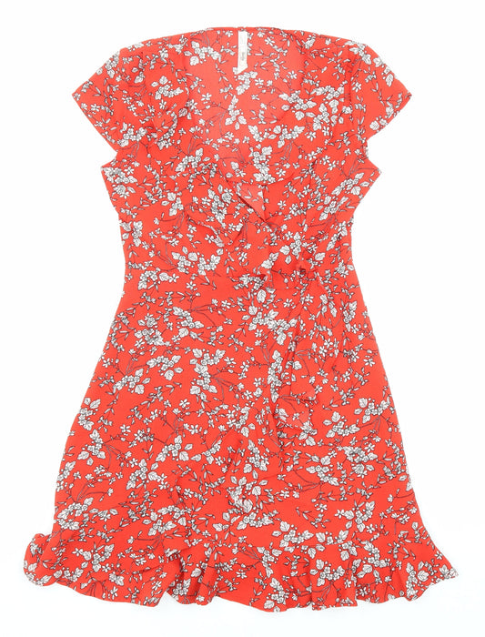 Stella Womens Red Floral Polyester Fit & Flare Size 8 V-Neck Pullover - Ruffle detail