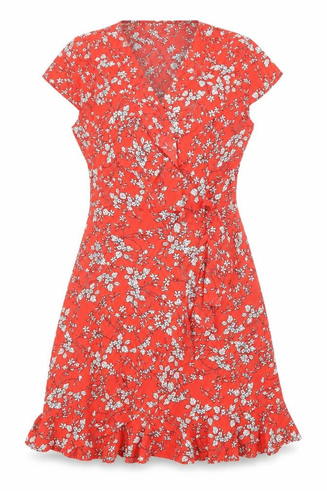 Stella Womens Red Floral Polyester Fit & Flare Size 8 V-Neck Pullover - Ruffle detail