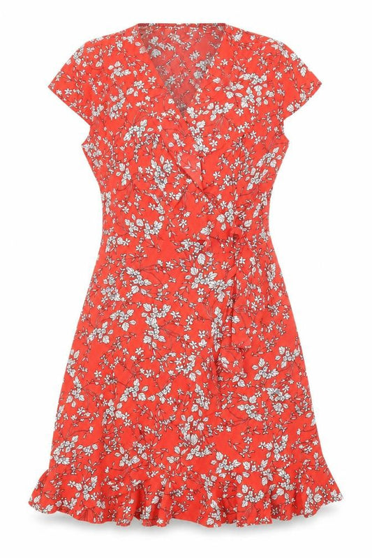 Stella Womens Red Floral Polyester Fit & Flare Size 8 V-Neck Pullover - Ruffle detail