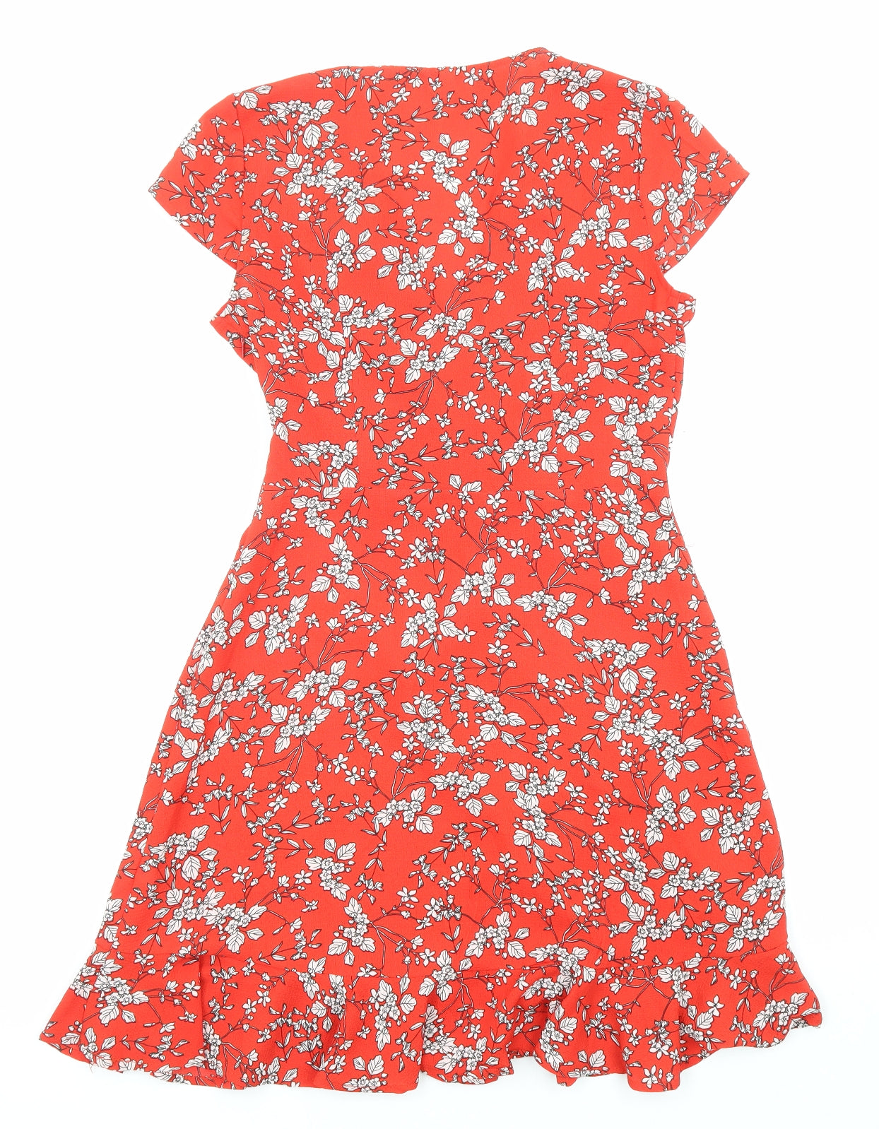 Stella Womens Red Floral Polyester Fit & Flare Size 8 V-Neck Pullover - Ruffle detail