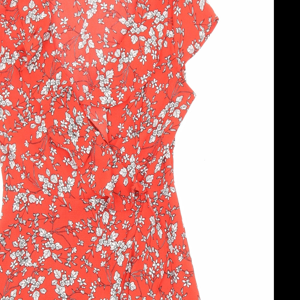 Stella Womens Red Floral Polyester Fit & Flare Size 8 V-Neck Pullover - Ruffle detail