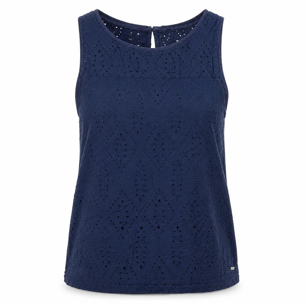TOM TAILOR Womens Blue Cotton Basic Tank Size L Boat Neck - Broderie Anglaise