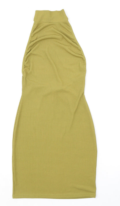 PRETTYLITTLETHING Womens Green Polyester Bodycon Size 8 Halter Button - Ribbed Backless