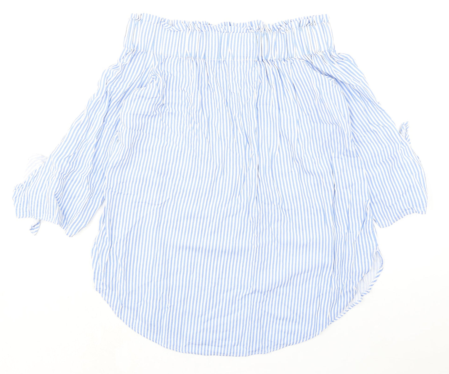 H&M Womens Blue Striped Viscose Basic Blouse Size 8 Off the Shoulder - Tie Sleeves