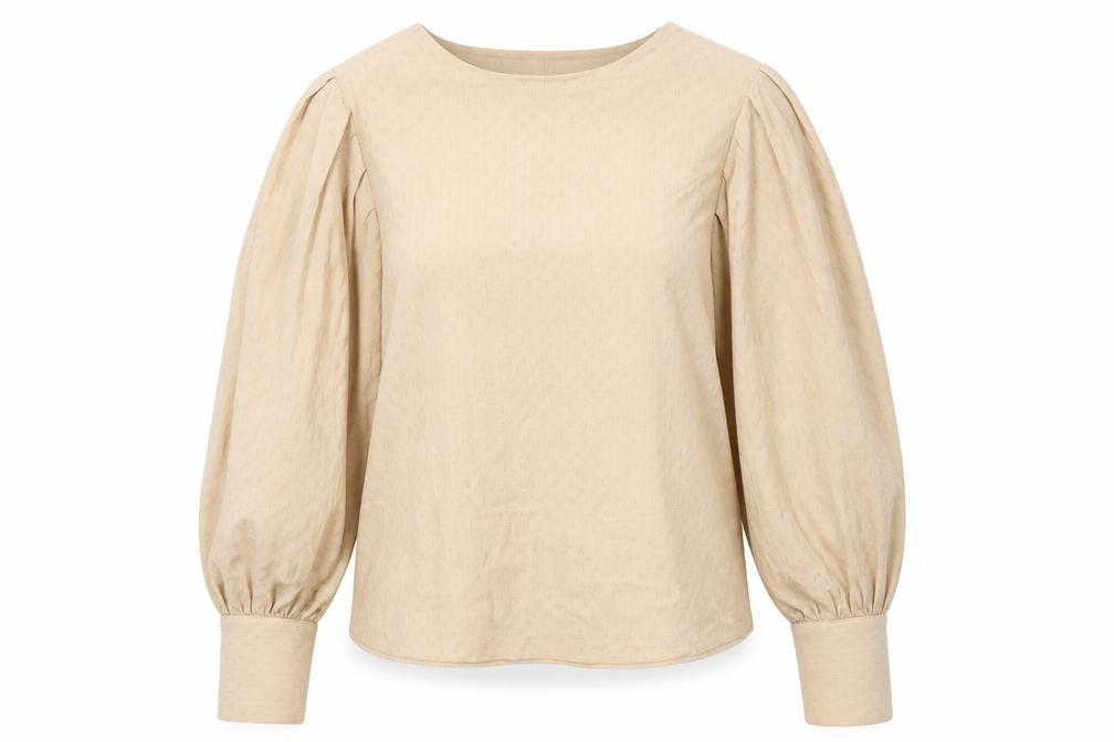 Miss Ronn Womens Beige Cotton Basic Blouse Size 14 Round Neck - Textured