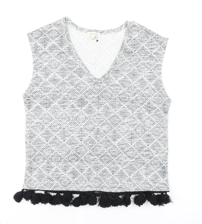 River Island Womens Grey Geometric Polyester Basic Blouse Size 6 V-Neck - Fringed Hem