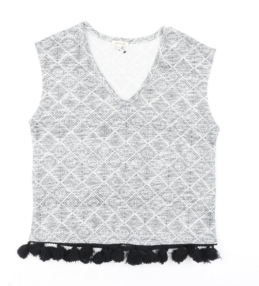 River Island Womens Grey Geometric Polyester Basic Blouse Size 6 V-Neck - Fringed Hem