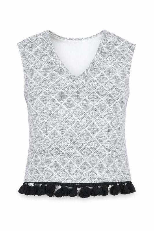 River Island Womens Grey Geometric Polyester Basic Blouse Size 6 V-Neck - Fringed Hem