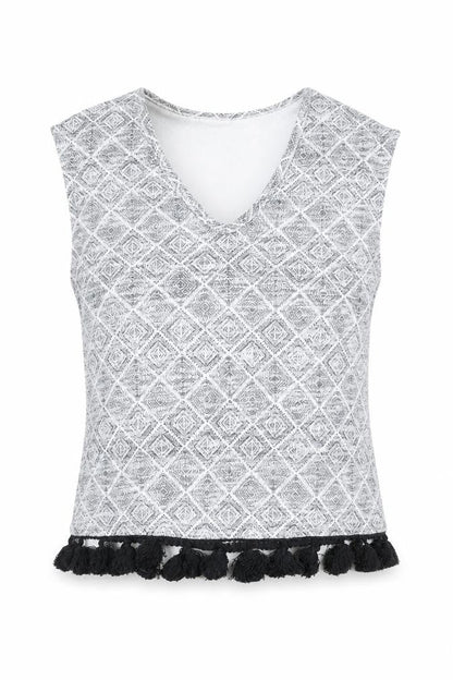 River Island Womens Grey Geometric Polyester Basic Blouse Size 6 V-Neck - Fringed Hem