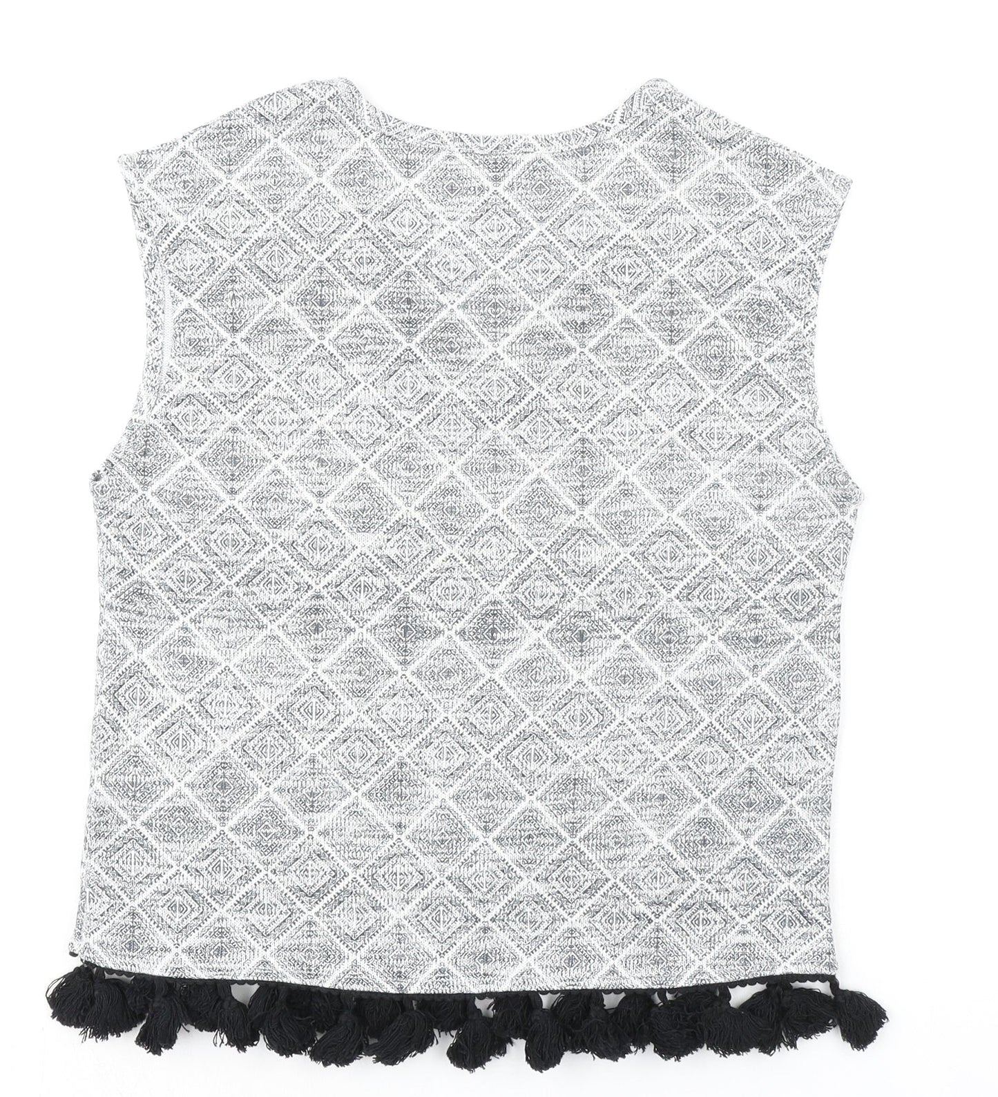 River Island Womens Grey Geometric Polyester Basic Blouse Size 6 V-Neck - Fringed Hem
