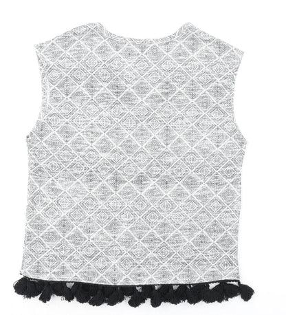 River Island Womens Grey Geometric Polyester Basic Blouse Size 6 V-Neck - Fringed Hem