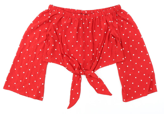 QED London Womens Red Polka Dot Polyester Cropped Blouse Size 16 Off the Shoulder - Tie Front