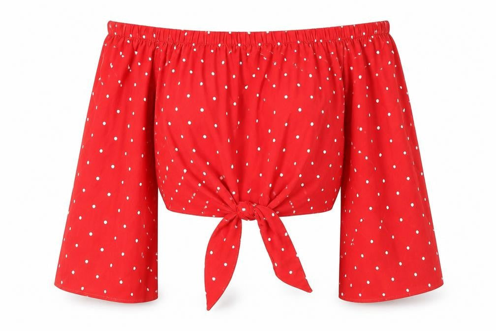 QED London Womens Red Polka Dot Polyester Cropped Blouse Size 16 Off the Shoulder - Tie Front