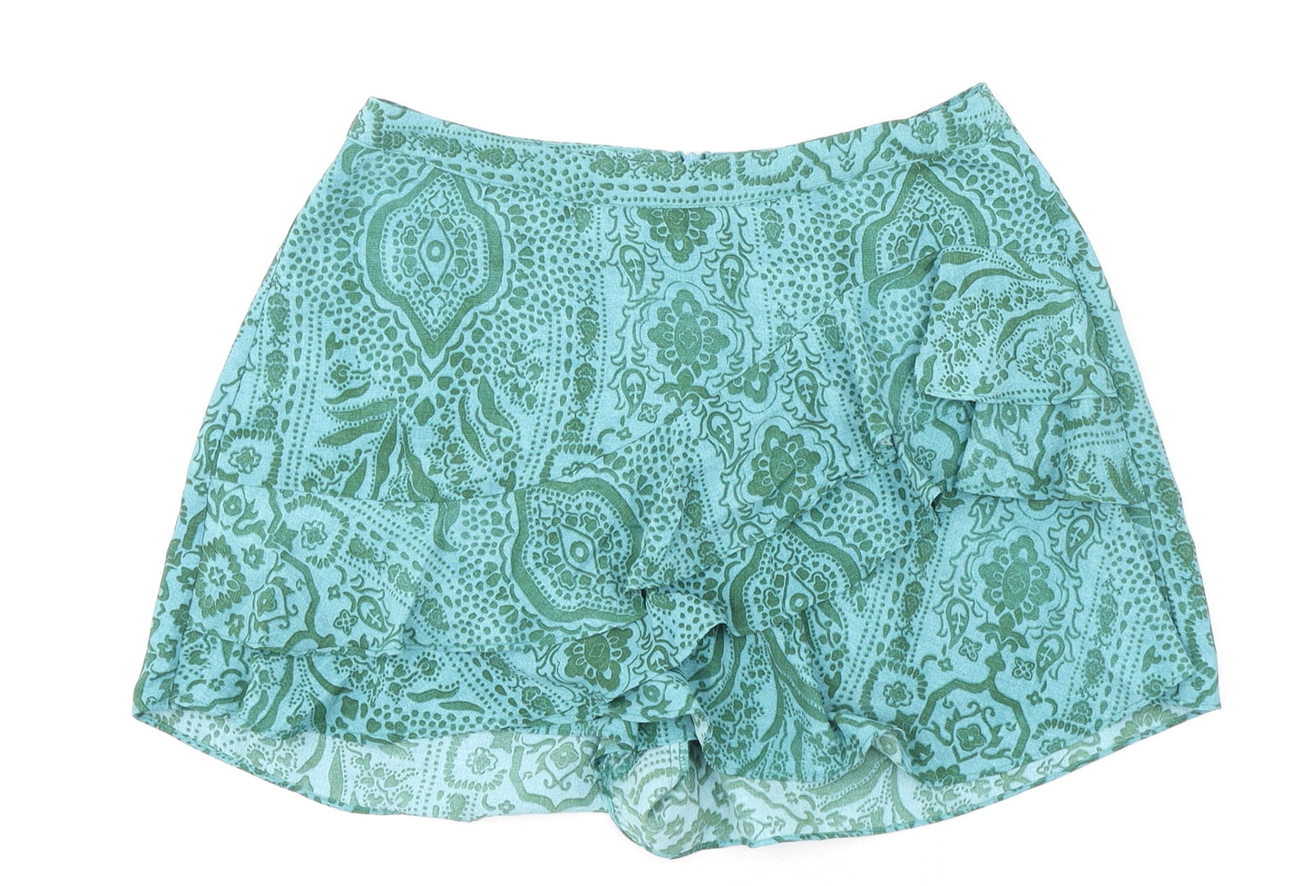 Zara Womens Green Paisley Polyester Skort Skirt Size S Zip - Ruffle Detail