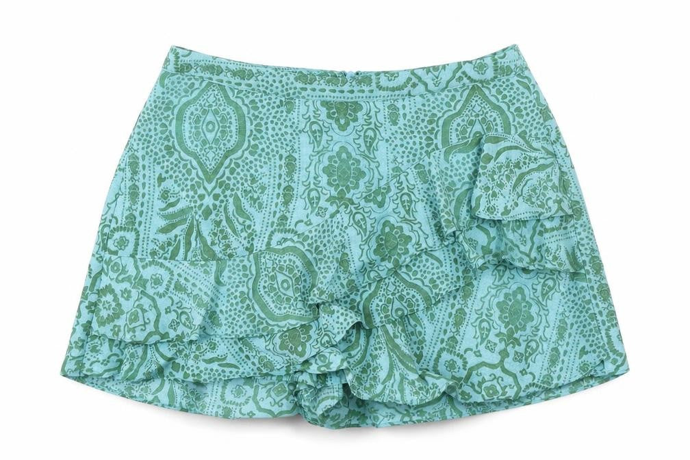Zara Womens Green Paisley Polyester Skort Skirt Size S Zip - Ruffle Detail