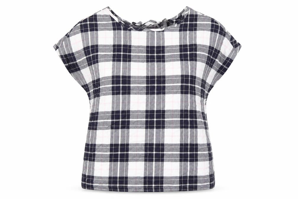 Marks & Spencer Womens Blue Plaid Cotton Basic T-Shirt Size 8 Boat Neck - Keyhole Back