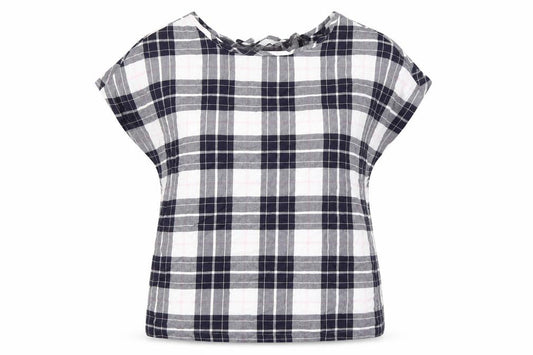 Marks and Spencer Womens Blue Plaid Cotton Basic T-Shirt Size 8 Boat Neck - Keyhole Back