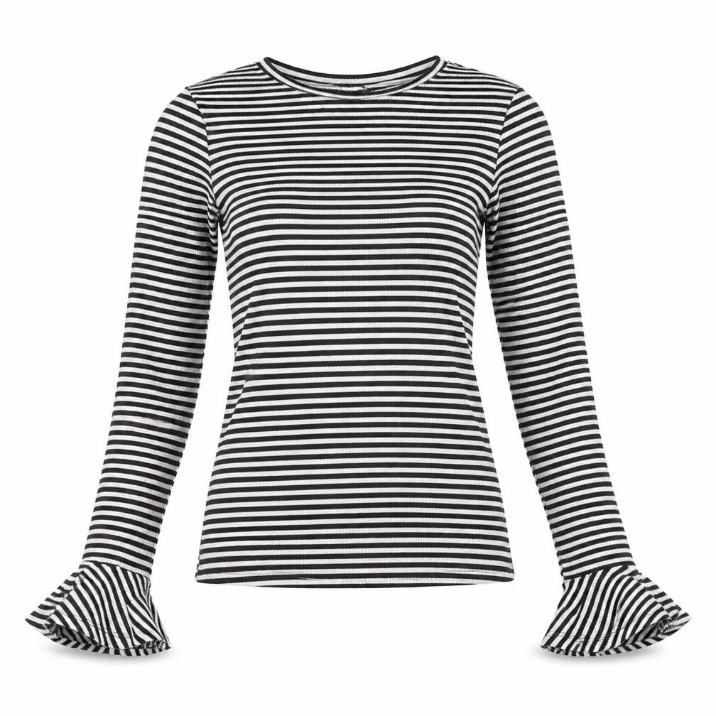 New Look Womens Black Striped Polyester Basic T-Shirt Size 6 Round Neck - Flared sleeves