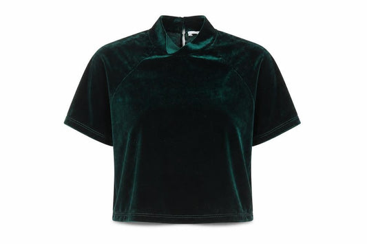Flounce Womens Green Polyester Cropped T-Shirt Size 12 Mock Neck