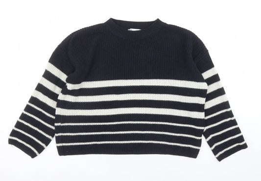 Zara Womens Blue Round Neck Striped Cotton Pullover Jumper Size S