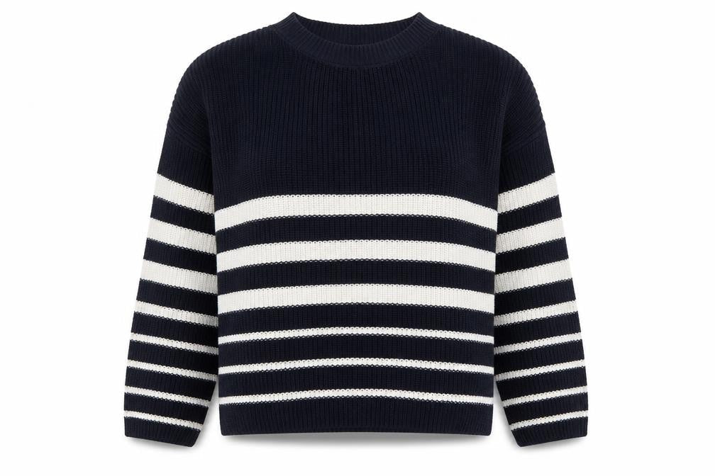 Zara Womens Blue Round Neck Striped Cotton Pullover Jumper Size S