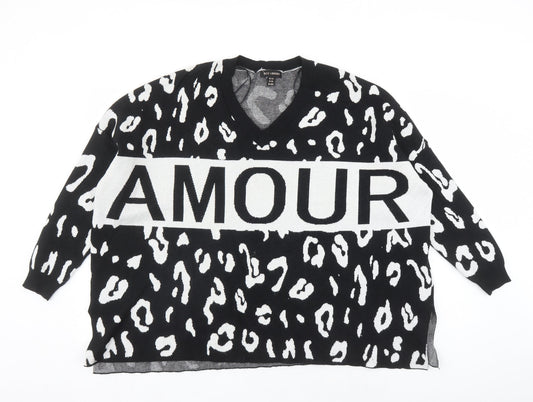 QED London Womens Black V-Neck Animal Print Acrylic Pullover Jumper Size S - Leopard Pattern Size S-M Amour