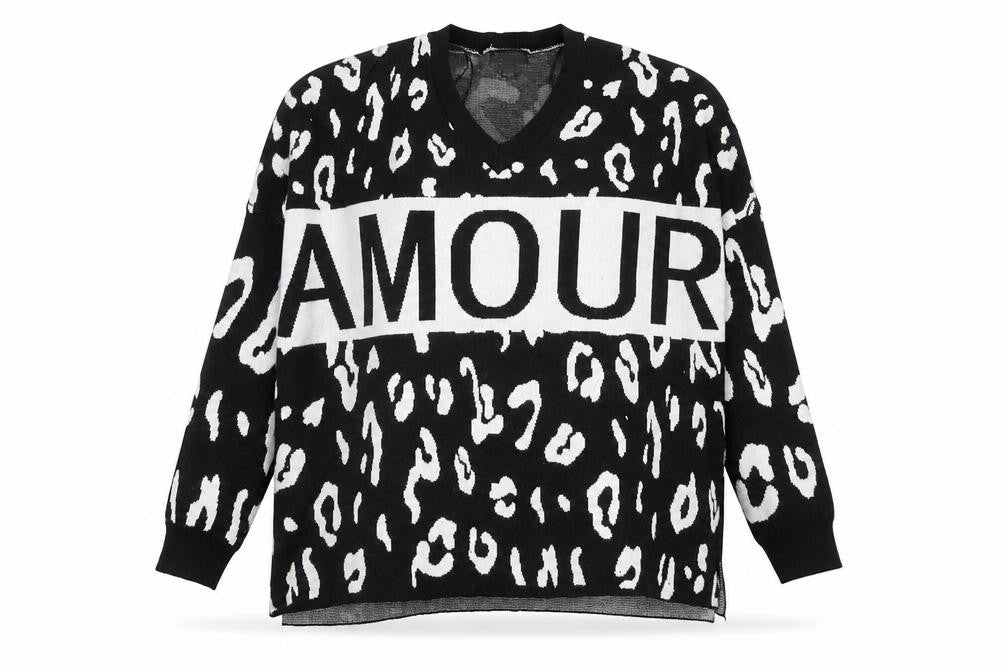 QED London Womens Black V-Neck Animal Print Acrylic Pullover Jumper Size S - Leopard Pattern Size S-M Amour